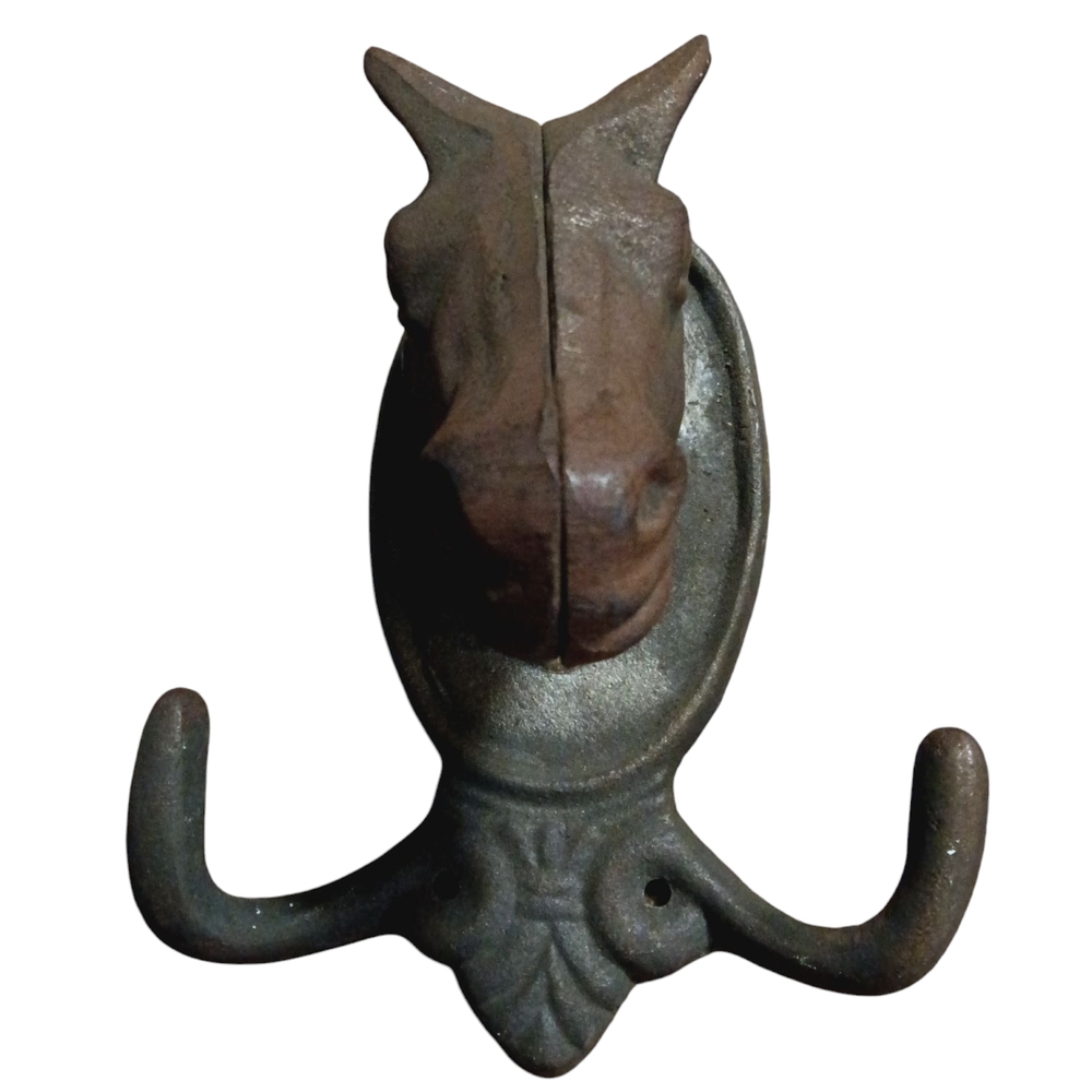 Vtg Cast Iron Horse Head Wall Hanging Double Hooks Rustic Western 6"x5"